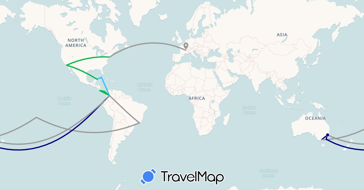 TravelMap itinerary: driving, bus, plane, boat in Australia, Brazil, Colombia, Costa Rica, Cuba, Ecuador, France, Mexico, Panama, French Polynesia, United States (Europe, North America, Oceania, South America)